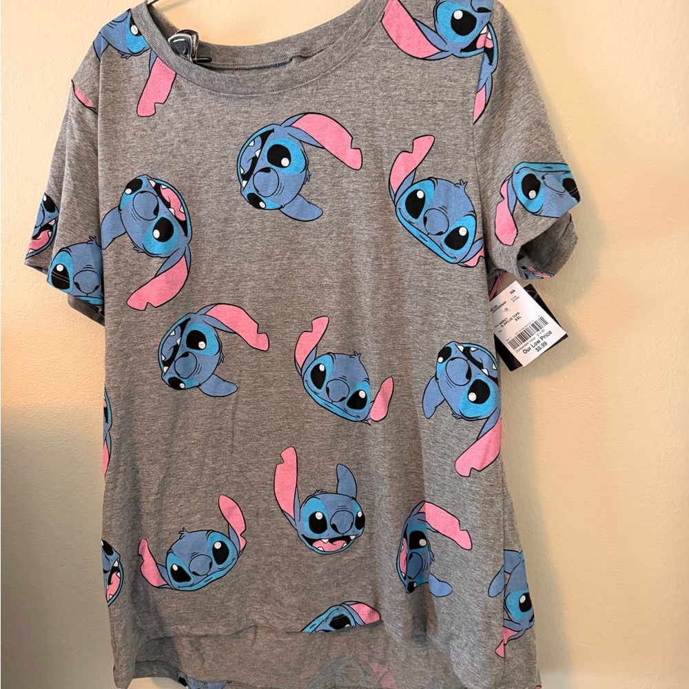 Disney Grey Tee with Blue Stitch & Pink Ear Accents